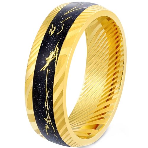 ***COI Gold Tone Tungsten Carbide Damascus Ring With Gold Foil & Meteorite-00523AA