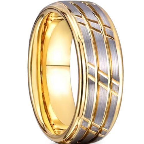 ***COI Tungsten Carbide Gold Tone Silver Grooves Step Edges Ring-00526AA