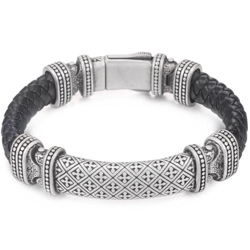 ***COI Titanium Black Silver Cross Genuine Leather Bracelet With Steel Clasp(Length: 8.46 inches)-00532AA