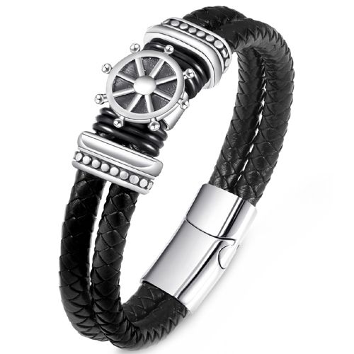 ***COI Titanium Ship’s Steering Wheel Genuine Leather Bracelet With Steel Clasp(Length: 8.27 inches)-00533AA