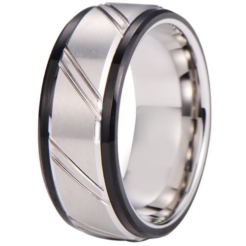 ***COI Tungsten Carbide Black Silver Diagonal Grooves Step Edges Ring-00535AA