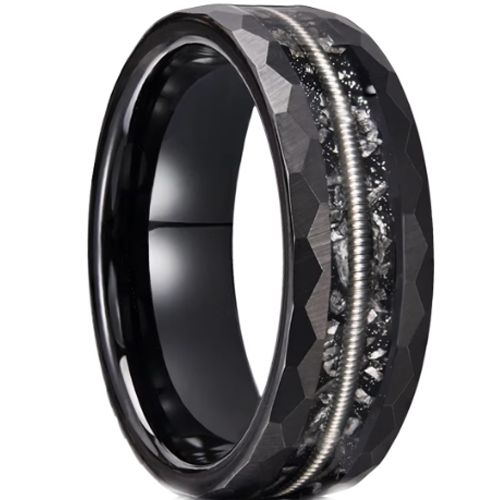***COI Black Tungsten Carbide Faceted Ring With Wire & Meteorite-00542AA