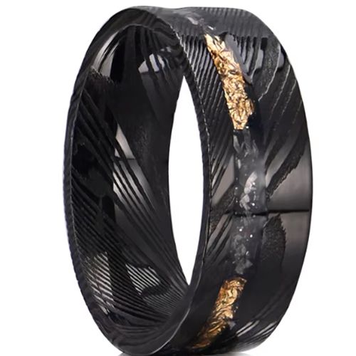 ***COI Black Tungsten Carbide Damascus Ring With Gold Foil & Meteorite-00543AA