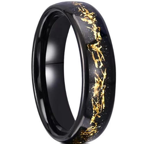 ***COI Black Tungsten Carbide Dome Court Ring With Gold Foil & Meteorite-00546AA