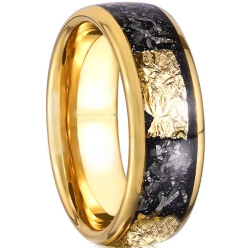 ***COI Tungsten Carbide Gold Tone/Black Meteorite & Gold Foil Dome Court Ring-00549AA