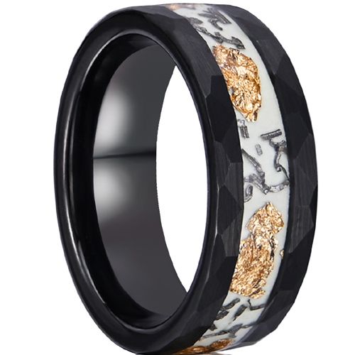 ***COI Black Tungsten Carbide White Ceramic & Gold Foil Beveled Edges Ring-00552AA