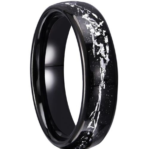 ***COI Black Tungsten Carbide Dome Court Ring With Meteorite-00554AA