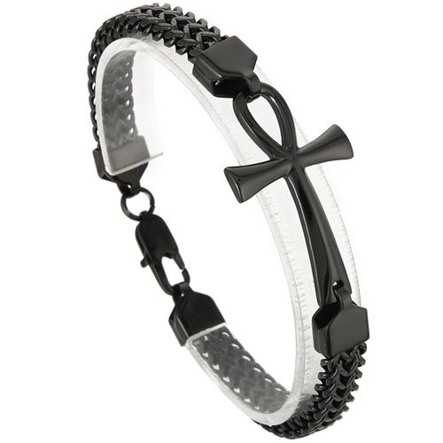 ***COI Titanium Black/Gold Tone/Silver Cross Bracelet With Steel Clasp(Length: 8.66 inches)-00559AA