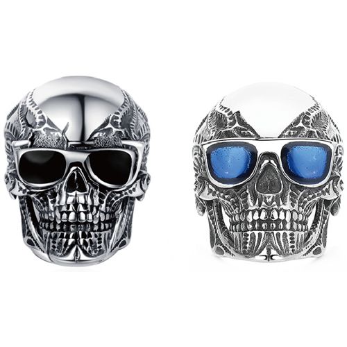 ***COI Titanium Black Silver Skull Ring With Created Blue Sapphire/Black Onyx-00568AA