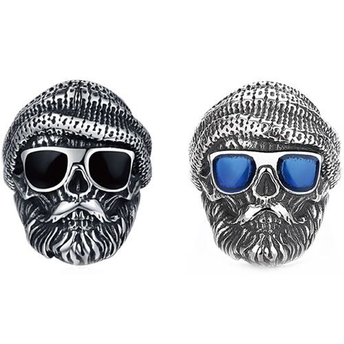 ***COI Titanium Black Silver Skull Ring With Created Blue Sapphire/Black Onyx-00569AA