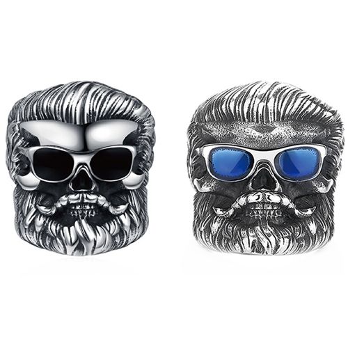 ***COI Titanium Black Silver Skull Ring With Created Blue Sapphire/Black Onyx-00570AA