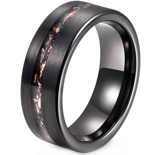 ***COI Black Tungsten Carbide Meteorite Ring With Rose Gold Foil-00573AA