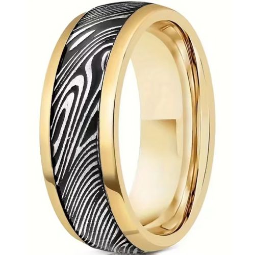 ***COI Tungsten Carbide Black Gold Tone/Rose/Silver Damascus Double Grooves Ring-00577AA
