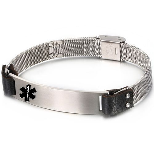 ***COI Titanium Black/Gold Tone/Silver Medical Alert Genuine Leather Bracelet With Stainless Steel Clasp(Length: 9.84 inches)-00579AA