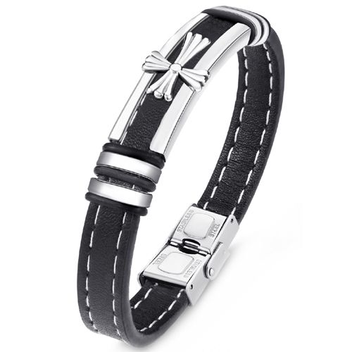 ***COI Titanium Cross Genuine Leather Bracelet With Steel Clasp(Length: 8.27 inches)-00587AA