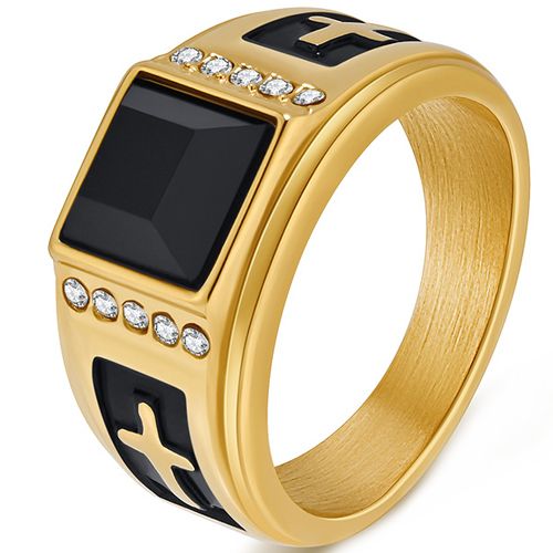 ***COI Titanium Black/Gold Tone/Silver Black Cross Ring With Cubic Zirconia & Black Onyx-00596AA