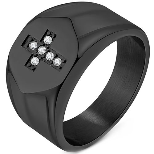 ***COI Titanium Black/Gold Tone/Silver Cross Ring With Cubic Zirconia-00598AA