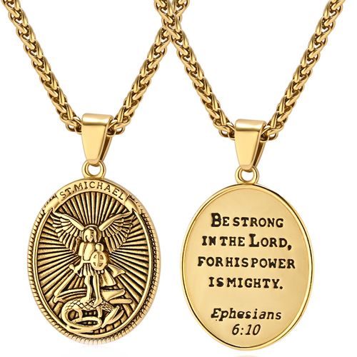 ***COI Titanium Black/Gold Tone/Silver St Michael Protect Us Pendant With Prayer-00604AA