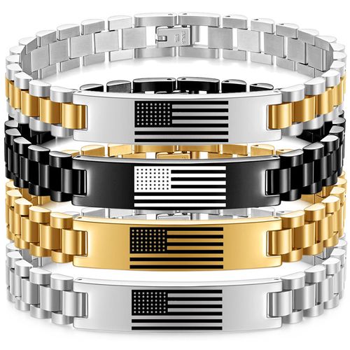 ***COI Titanium Black/Gold Tone/Silver American Flag Bracelet With Steel Clasp(Length: 8.27 inches)-00606AA