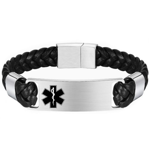 ***COI Titanium Medical Alert Genuine Leather Bracelet With Steel Clasp(Length: 8.27 inches)-00609AA