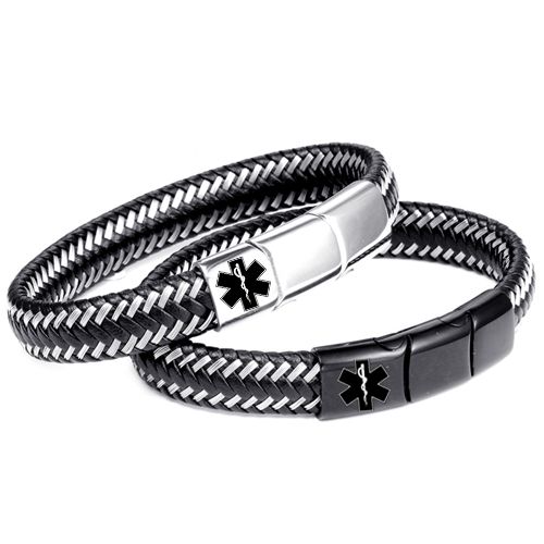 ***COI Titanium Black/Silver Medical Alert Genuine Leather Bracelet With Steel Clasp(Length: 8.27 inches)-00612AA