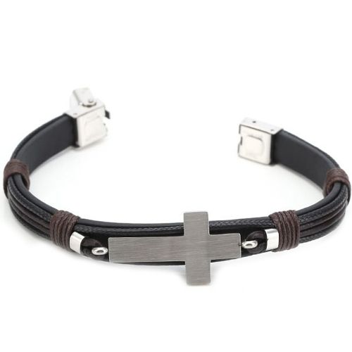 ***COI Titanium Cross Genuine Leather Bracelet With Steel Clasp(Length: 8.27 inches)-00616AA