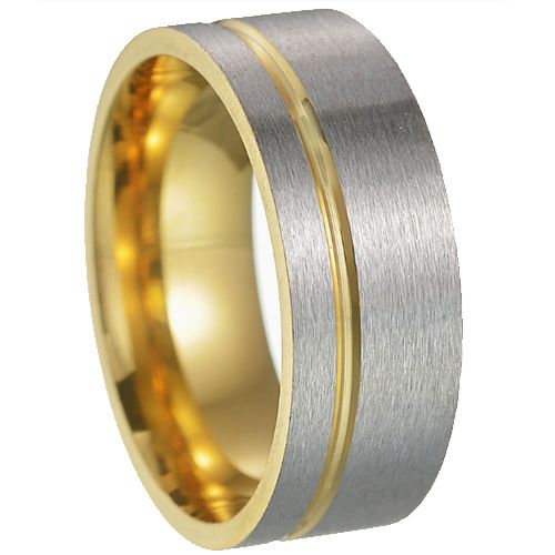 ***COI Titanium Gold Tone Silver Offset Grooves Ring-00648AA