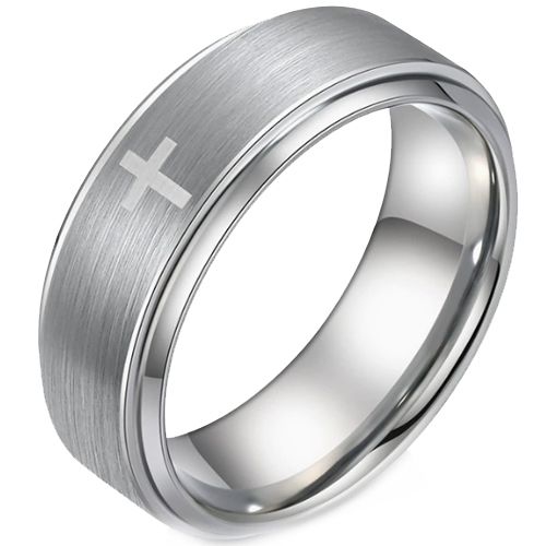 ***COI Tungsten Carbide Black/Silver Cross Step Edges Ring-00649AA