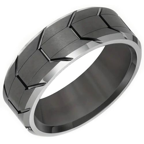 ***COI Titanium Black Silver Grooves Beveled Edges Ring-00654AA