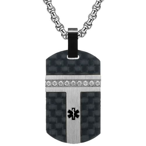 ***COI Titanium Black/Gold Tone/Silver Medical Alert Carbon Fiber Pendant With Cubic Zirconia-00657AA