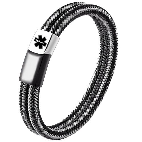 ***COI Titanium Black Silver Medical Alert Genuine Leather Bracelet With Steel Clasp(Length: 9.06 inches)-00665AA