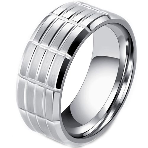 ***COI Titanium Black/Silver Grooves Beveled Edges Ring-00670AA