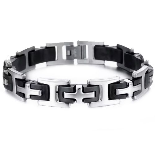 ***COI Titanium Black Silver Cross Bracelet With Steel Clasp(Length: 8.27 inches)-00683AA