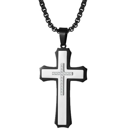***COI Titanium Black Silver Cross Pendant With Cubic Zirconia-00706AA