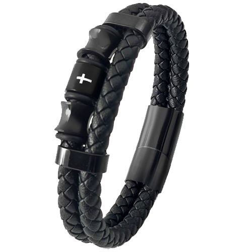 ***COI Black Titanium Cross Genuine Leather Bracelet With Steel Clasp(Length: 8.07 inches)-00722AA