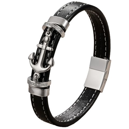 ***COI Titanium Black/Gold Tone/Silver Anchor Cubic Zirconia Genuine Leather Bracelet With Steel Clasp(Length: 8.27 inches)-00727AA