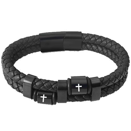 ***COI Black Titanium Cross Genuine Leather Bracelet With Steel Clasp(Length: 8.07 inches)-00729AA