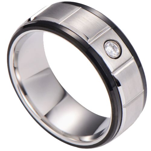 ***COI Tungsten Carbide Black Silver Ring With Cubic Zirconia-00733AA