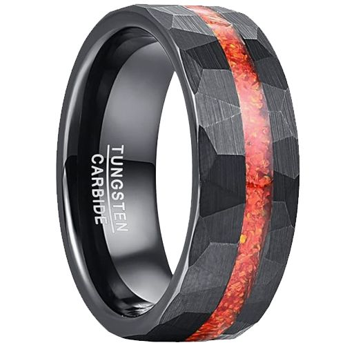 ***COI Black Tungsten Carbide Faceted Ring With Crushed Opal-00766AA