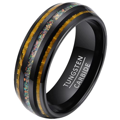 ***COI Black Tungsten Carbide Dome Court Ring With Carbon Fiber & Crushed Opal-00767AA