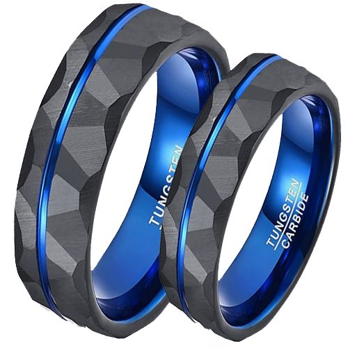 ***COI Tungsten Carbide Black Blue Offset Groove Faceted Ring-00769AA