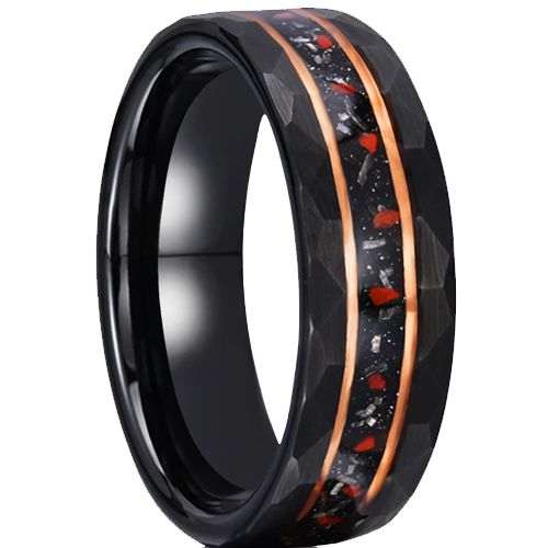 ***COI Tungsten Carbide Black Rose Double Grooves Faceted Dinosaur Bone Ring-00775AA