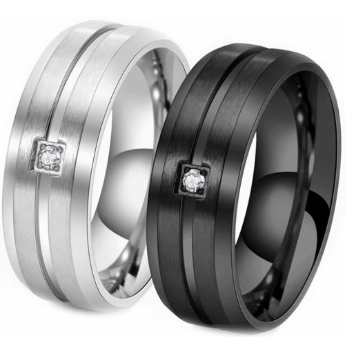 ***COI Titanium Black/Gold Tone/Silver Center Groove Beveled Edges Ring With Cubic Zirconia-00783AA