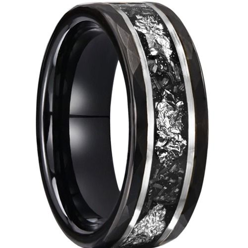 ***COI Tungsten Carbide Black Silver Faceted Double Grooves Silver Foil & Meteorite-00786AA