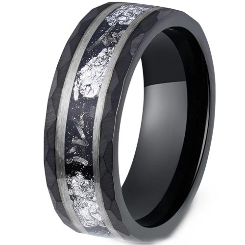 ***COI Tungsten Carbide Black Silver Faceted Double Grooves Silver Foil & Meteorite-00786AA