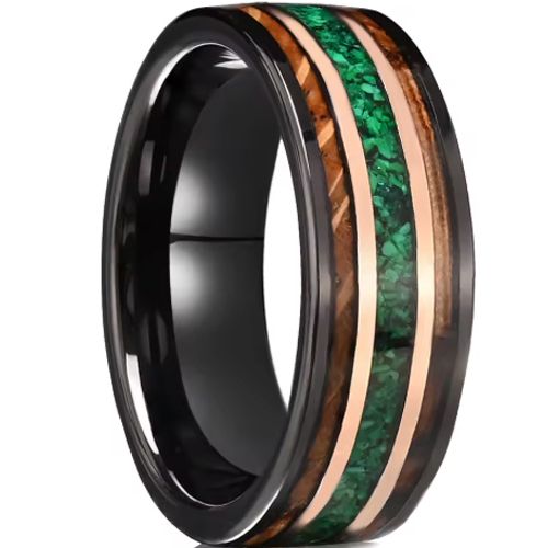 ***COI Tungsten Carbide Black Rose Double Grooves Ring With Wood & Green Malachite-00787AA