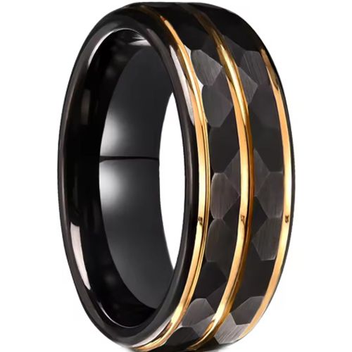 ***COI Tungsten Carbide Black Gold Tone Faceted Center Groove Step Edges Ring-00789AA