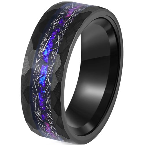 ***COI Black Tungsten Carbide Faceted Ring With Meteorite & Created Blue Sapphire-00795AA