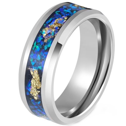 ***COI Tungsten Carbide Beveled Edges Ring With Crushed Opal & Gold Foil-00799AA