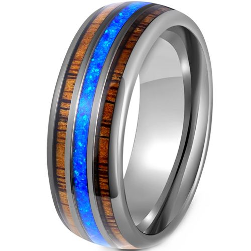 ***COI Black Tungsten Carbide Dome Court Ring With Wood & Crushed Opal-00802AA